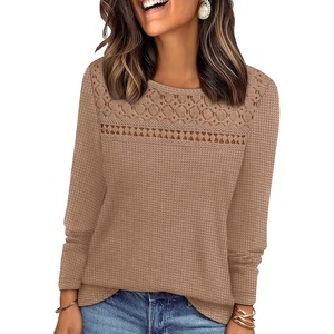 image:imageWIHOLL Womens Lace Long Sleeve Shirts Fall Tops Fashion Dressy Casual Lightweight Sweaters Mesh Clothes Trendy Waffle KnitJkhaki