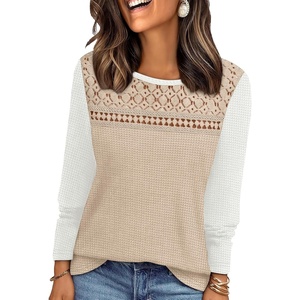 image:imageWIHOLL Womens Lace Long Sleeve Shirts Fall Tops Fashion Dressy Casual Lightweight Sweaters Mesh Clothes Trendy Waffle KnitLbeige White