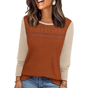 image:imageWIHOLL Womens Lace Long Sleeve Shirts Fall Tops Fashion Dressy Casual Lightweight Sweaters Mesh Clothes Trendy Waffle KnitLcaramel Beige
