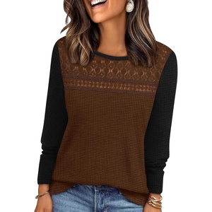 image:imageWIHOLL Womens Lace Long Sleeve Shirts Fall Tops Fashion Dressy Casual Lightweight Sweaters Mesh Clothes Trendy Waffle KnitLcoffee Black
