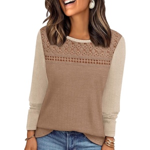 image:imageWIHOLL Womens Lace Long Sleeve Shirts Fall Tops Fashion Dressy Casual Lightweight Sweaters Mesh Clothes Trendy Waffle KnitLkhaki Beige