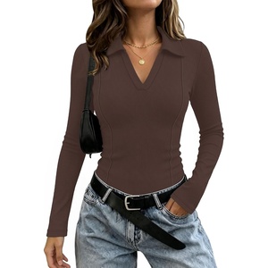image:imageWIHOLL Womens Long Sleeve Shirts Collared Neck Business Casual Fitted TopsAchocolate Brown