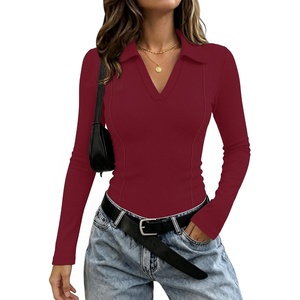 image:imageWIHOLL Womens Long Sleeve Shirts Collared Neck Business Casual Fitted TopsArust Red