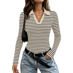 image:imageWIHOLL Womens Long Sleeve Shirts Collared Neck Business Casual Fitted TopsBapricotblack Striped