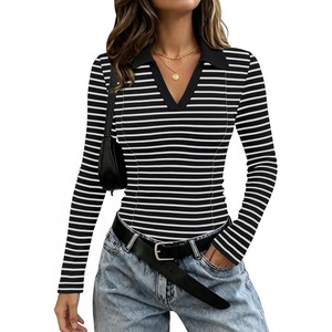 image:imageWIHOLL Womens Long Sleeve Shirts Collared Neck Business Casual Fitted TopsBblackwhite Striped