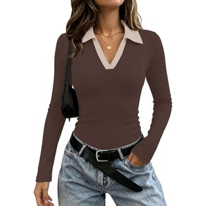 image:imageWIHOLL Womens Long Sleeve Shirts Collared Neck Business Casual Fitted TopsCchocolate Brownapricot