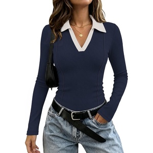 image:imageWIHOLL Womens Long Sleeve Shirts Collared Neck Business Casual Fitted TopsCnavy Bluewhite
