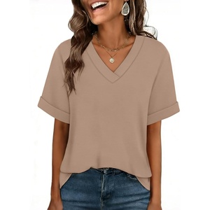 image:imageWIHOLL Womens Oversized V Neck Tshirts Plus Size Summer Tops 2026 Short Rolled Sleeve Shirts Dressy Casual Blouses S4XLBeige