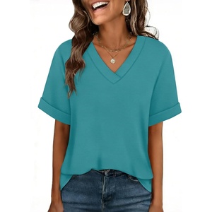 image:imageWIHOLL Womens Oversized V Neck Tshirts Plus Size Summer Tops 2026 Short Rolled Sleeve Shirts Dressy Casual Blouses S4XLBlue Green