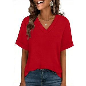 image:imageWIHOLL Womens Oversized V Neck Tshirts Plus Size Summer Tops 2026 Short Rolled Sleeve Shirts Dressy Casual Blouses S4XLRed