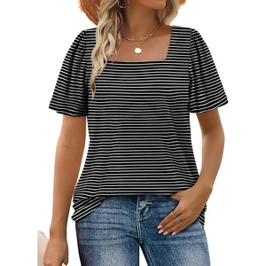 image:imageWIHOLL Womens Summer Tops Casual Square Neck Puff Short Sleeve T Shirts1black Stripes