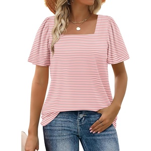 image:imageWIHOLL Womens Summer Tops Casual Square Neck Puff Short Sleeve T Shirts3pink Stripes