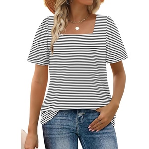 image:imageWIHOLL Womens Summer Tops Casual Square Neck Puff Short Sleeve T Shirts3white Stripes