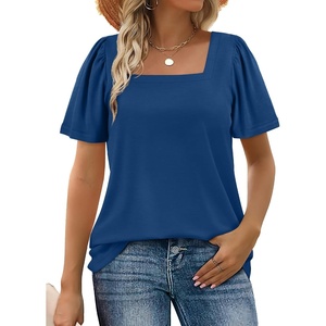 image:imageWIHOLL Womens Summer Tops Casual Square Neck Puff Short Sleeve T Shirts5denim Blue