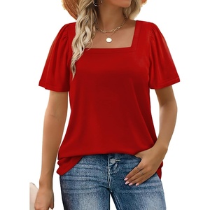 image:imageWIHOLL Womens Summer Tops Casual Square Neck Puff Short Sleeve T Shirts5red