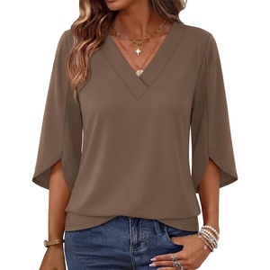 image:imageWIHOLL Womens Tops Summer Outfits 2026 V Neck Shirts Womens Blouses Dressy Casual Bell Sleeve Fashion Clothing01 Chocolate