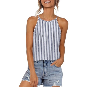 image:imageWlHOLL Womens Pleated Tank Tops Spaghetti Strap Camisole Halter Tops Curved Hem Fashion 2026Jblue Striped