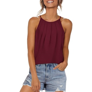 image:imageWlHOLL Womens Pleated Tank Tops Spaghetti Strap Camisole Halter Tops Curved Hem Fashion 2026Jburgundy
