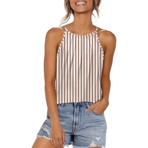 image:imageWlHOLL Womens Pleated Tank Tops Spaghetti Strap Camisole Halter Tops Curved Hem Fashion 2026Kbrown Stripes