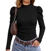 image:imageWIHOLL Long Sleeve Shirt for Women Puff Sleeve Knit Tops 2026 Crew Neck Casual Basic TShirtsBlack