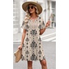 image:imageWIHOLL Summer Dresses for Women Casual Tshirt Boho Dress Wedding Guest Dresses Short Sleeve Fashion Beach Vacation ClothesBeige Ethnic Floral