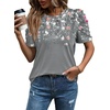 image:imageWIHOLL Summer Tops for Women Puff Sleeve Crewneck T Shirts Dressy Casual Blouses Spring Outfits Fashion ClothesFloral Grey