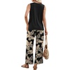 image:imageWIHOLL Two Piece Sets for Women Summer Spring Outfits Tank Square Neck Sleeveless Travel Vacation Lounge Wide Leg Pants SetBlack Beige Tropical Leaves