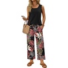 image:imageWIHOLL Two Piece Sets for Women Summer Spring Outfits Tank Square Neck Sleeveless Travel Vacation Lounge Wide Leg Pants SetBlack Pink Leaf