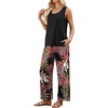 image:imageWIHOLL Two Piece Sets for Women Summer Spring Outfits Tank Square Neck Sleeveless Travel Vacation Lounge Wide Leg Pants SetBlack Pink Leaf