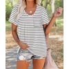 image:imageWIHOLL Women Summer T Shirts Short Sleeve Rounded V Neck Pocket Tee Tops04gray Striped
