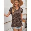 image:imageWIHOLL Womens Tops Dressy Casual Petal Sleeve Summer Spring Short Sleeve V Neck Shirts Work Business Vacation Clothes 2026Leopard Print Dark Brown