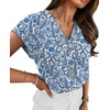 image:imageWIHOLL Womens Tops Dressy Casual Rolled Short Sleeve V Neck T Shirts Summer Business Work Blouses Crepe Texture OutfitsPblue Ethnic Flower