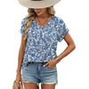 image:imageWIHOLL Womens Tops Dressy Casual Rolled Short Sleeve V Neck T Shirts Summer Business Work Blouses Crepe Texture OutfitsPblue Ethnic Flower