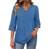 image:imageWIHOLL Womens Tops Eyelet Lace V Neck 34 Bell Sleeve Blouses Dressy Casual Work Shirt 2026 Summer Fall Fashion ClothingBlue