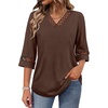 image:imageWIHOLL Womens Tops Eyelet Lace V Neck 34 Bell Sleeve Blouses Dressy Casual Work Shirt 2026 Summer Fall Fashion ClothingBrown