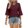 image:imageWIHOLL Womens Tops Eyelet Lace V Neck 34 Bell Sleeve Blouses Dressy Casual Work Shirt 2026 Summer Fall Fashion ClothingBurgundy