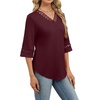 image:imageWIHOLL Womens Tops Eyelet Lace V Neck 34 Bell Sleeve Blouses Dressy Casual Work Shirt 2026 Summer Fall Fashion ClothingBurgundy