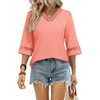 image:imageWIHOLL Womens Tops Eyelet Lace V Neck 34 Bell Sleeve Blouses Dressy Casual Work Shirt 2026 Summer Fall Fashion ClothingCoral