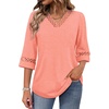 image:imageWIHOLL Womens Tops Eyelet Lace V Neck 34 Bell Sleeve Blouses Dressy Casual Work Shirt 2026 Summer Fall Fashion ClothingCoral