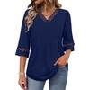 image:imageWIHOLL Womens Tops Eyelet Lace V Neck 34 Bell Sleeve Blouses Dressy Casual Work Shirt 2026 Summer Fall Fashion ClothingNavy Blue