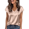 image:imageWIHOLL Womens Satin Summer Tops Cap Short Sleeve Blouses V Neck Shirts Business Casual Outfits Fashion Clothing 2026All Khaki