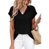 image:imageWIHOLL Womens Tops Dressy Casual Rolled Short Sleeve V Neck T Shirts Summer Business Work Blouses Crepe Texture OutfitsAblack
