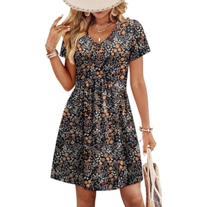 image:imageWIHOLL Dresses for Women 2026 Casual Summer V Neck Babydoll Dress Short Sleeve Fashion Beach Vacation ClothesColorful Flowers