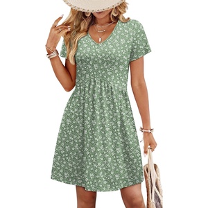 image:imageWIHOLL Dresses for Women 2026 Casual Summer V Neck Babydoll Dress Short Sleeve Fashion Beach Vacation ClothesGreen Floral