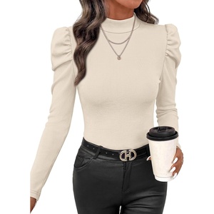 image:imageWIHOLL Long Sleeve Shirt for Women Puff Sleeve Knit Tops 2026 Crew Neck Casual Basic TShirtsBeige