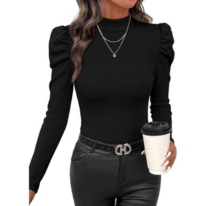 image:imageWIHOLL Long Sleeve Shirt for Women Puff Sleeve Knit Tops 2026 Crew Neck Casual Basic TShirtsBlack