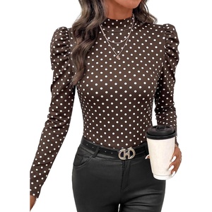 image:imageWIHOLL Long Sleeve Shirt for Women Puff Sleeve Knit Tops 2026 Crew Neck Casual Basic TShirtsBrown Polka Dots
