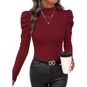 image:imageWIHOLL Long Sleeve Shirt for Women Puff Sleeve Knit Tops 2026 Crew Neck Casual Basic TShirtsBurgundy