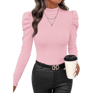 image:imageWIHOLL Long Sleeve Shirt for Women Puff Sleeve Knit Tops 2026 Crew Neck Casual Basic TShirtsPink