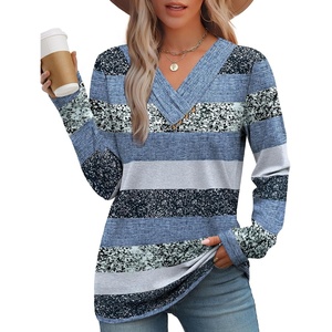 image:imageWIHOLL Long Sleeve Shirts for Women Fall Outfits V Neck T Shirts Button Down Tunic Tops Fashion Clothing0blue Stripes
